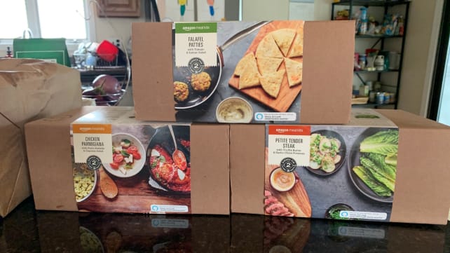Amazon meal kit boxes on kitchen counter