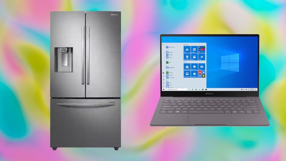 聪明的冰箱和膝上型计算机在五颜六色的背景前面。