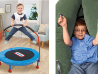 Little boy jumping on trampoline and a boy in an inflatable peapod