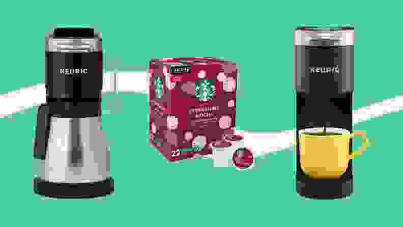 Two Keurig coffee makers and a box of K-Cups.