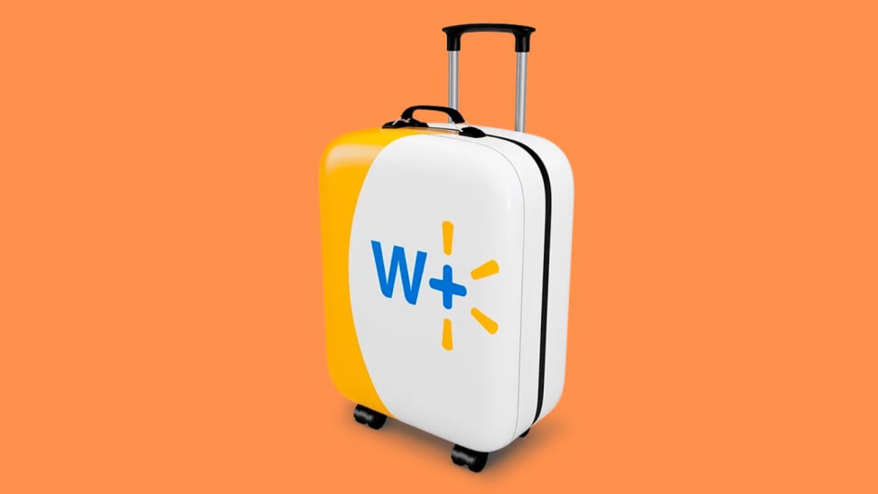 An image of a small travel suitcase in white and yellow with the Walmart+ logo.