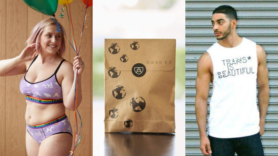 (1) A model wears underwear garments from TomboyX. (2) A discreet paper bag from Paxsies. (3) A model wears a tank top that says "Trans Is Beautiful" from Bye Gender.