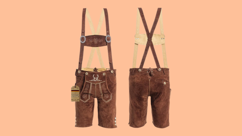 Brown lederhosen against orange background