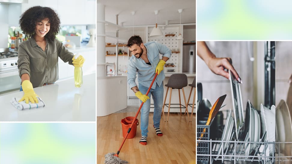 Collage of people performing quick cleaning tasks, including wiping counters, mopping, and changing the dishwasher.