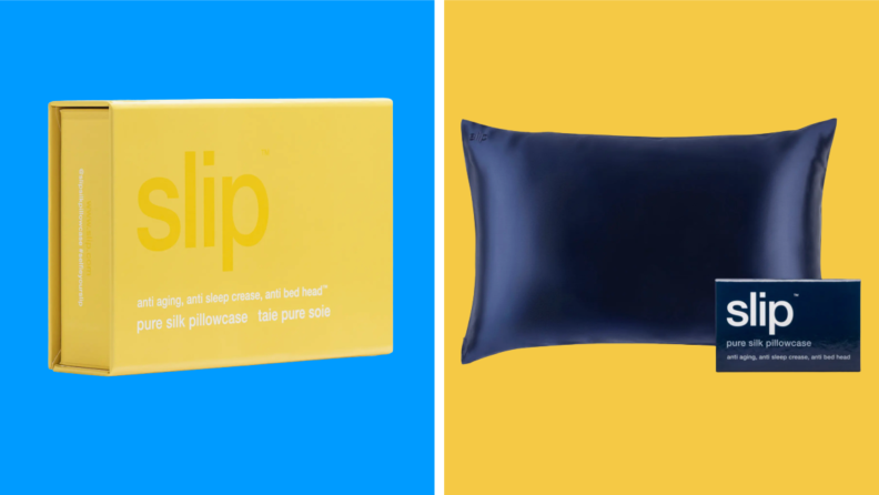 A yellow box of the Slip Pure Silk Pillowcase, next to a navy-colored Slip Pure Silk Pillowcase.