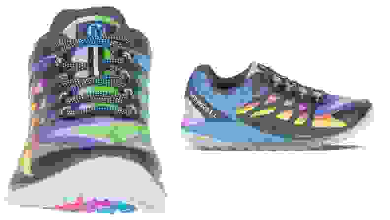 Pair of multi-colored sneakers in front of white background.