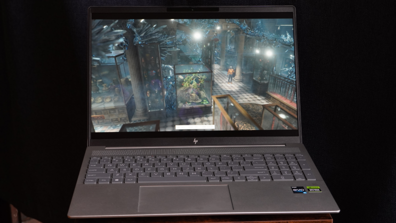 The HP Pavilion Plus 16 running a video game.