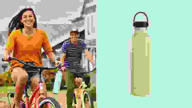 Left: People riding bikes; Left: Hydro Flask canteen water bottle
