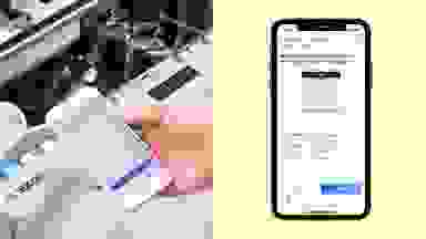 Left: hand holding phone with Bosch Home Connect app open. Right: Phone on yellow background with Bosch Home Connect screenshot