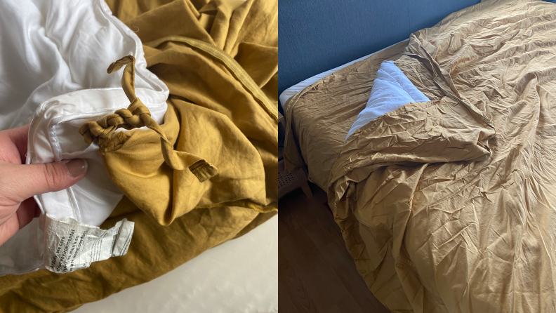 A yellow Beddley Easy-Change Duvet Cover on a bed and a person holding to show the corner of the duvet cover.