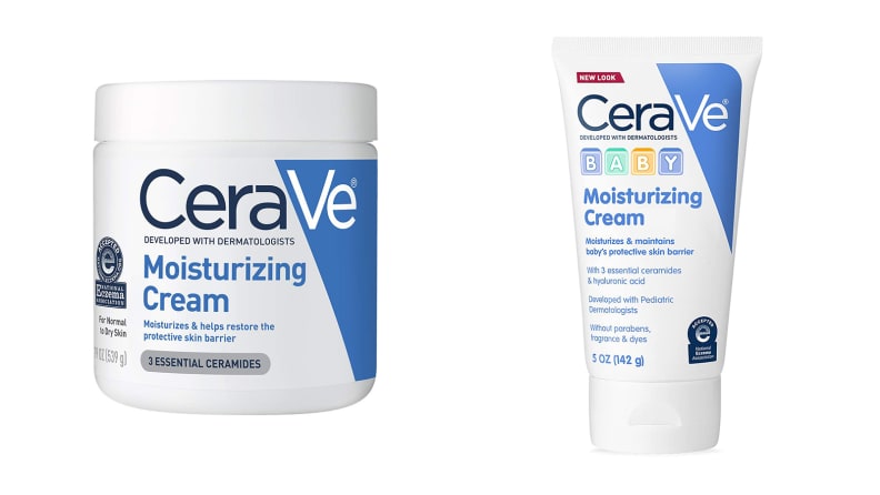On the left: A large tub of moisturizer. On the right: A squeeze tube of moisturizer.
