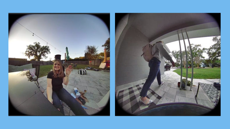 A side by side of Ring doorbell footage showing a woman sitting on the ground and a woman walking out the front door