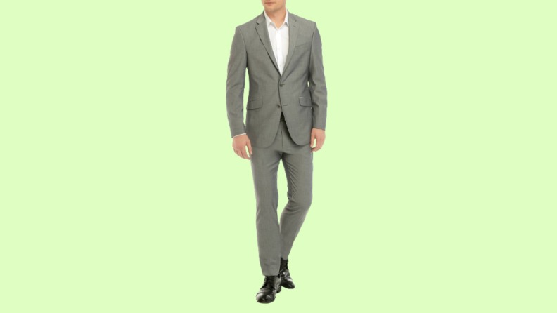 A model wearing a gray suit.