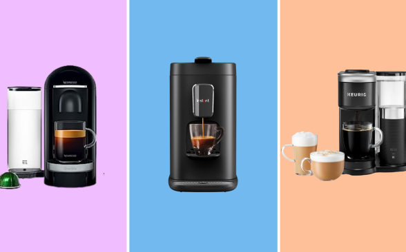 Nespresso, Instant, and Keurig single-serve coffee makers silhouetted against lavender, blue and orange backgrounds.