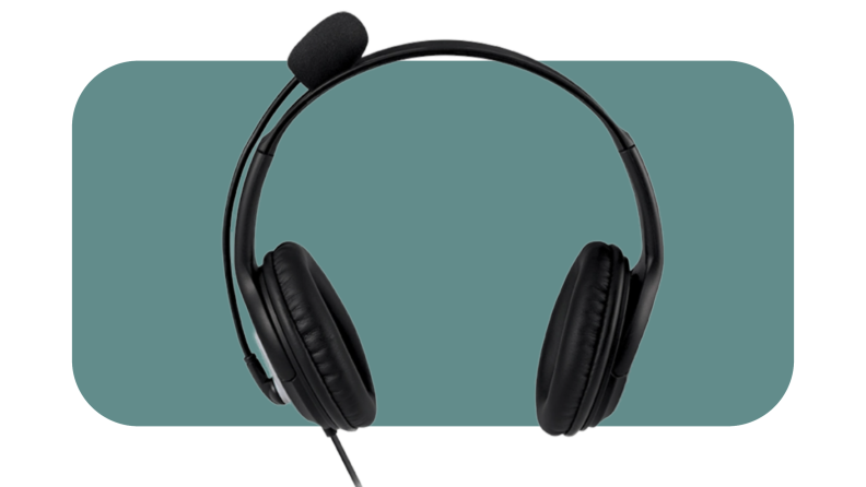 Product shot of black pair of Microsoft Lifechat Headphones with microphone attached.
