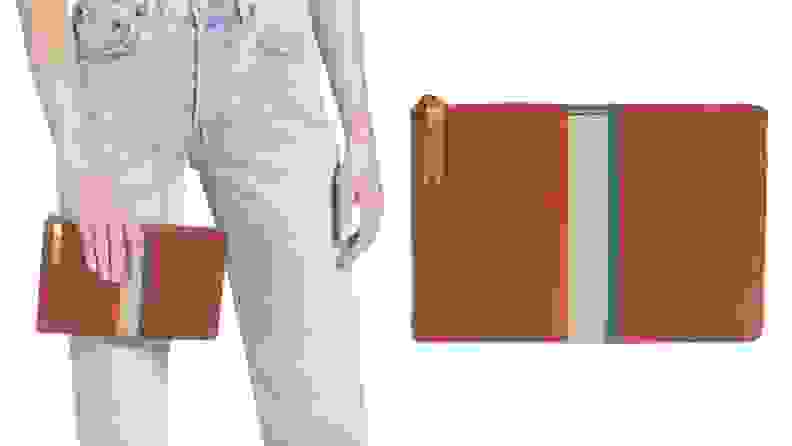 在左边，女人手里拿着Madewell皮袋手包。在右边，产品拍摄的Madewell皮革袋手袋。