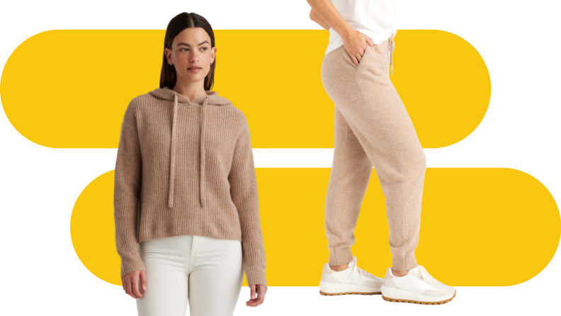 Models wearing a cashmere hoodie and a cashmere sweatpant.