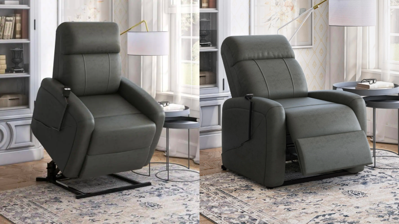 An olive Pro Lounger recliner in the raised and seated positions.