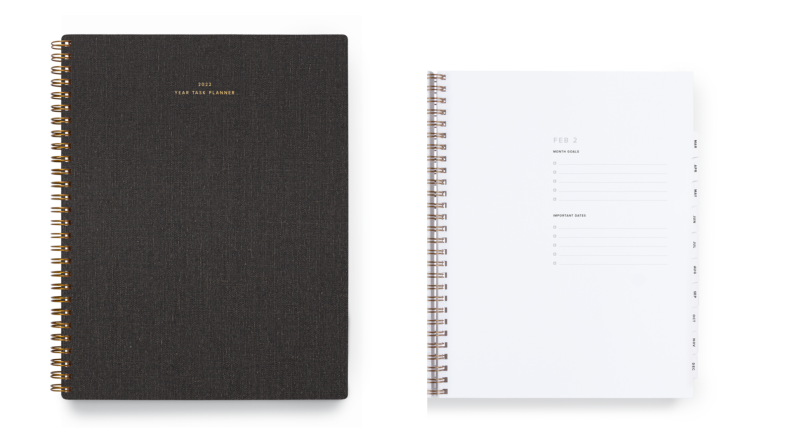 On the left, the front of a planner with gold binding. On the right, the monthly overview page of the planner.