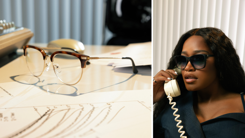 A close-up photograph of actress Keke Palmer on the phone, wearing a pair of black glasses. There is also an image of a pair of clubmaster style glasses on a desk.