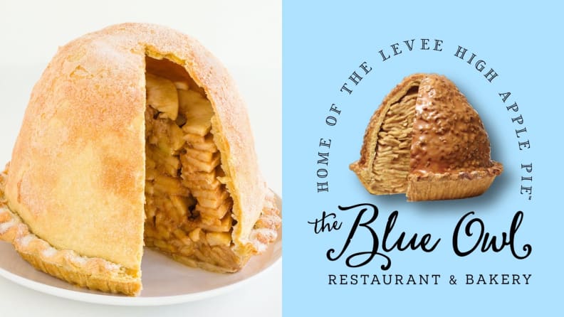 Left: A very tall apple pie that contains 18 golden delicious apples, encased in flaky pastry. Right: The Blue Owl Bakery logo, including the caramel- and pecan-covered version of its signature Levee High Apple Pie.