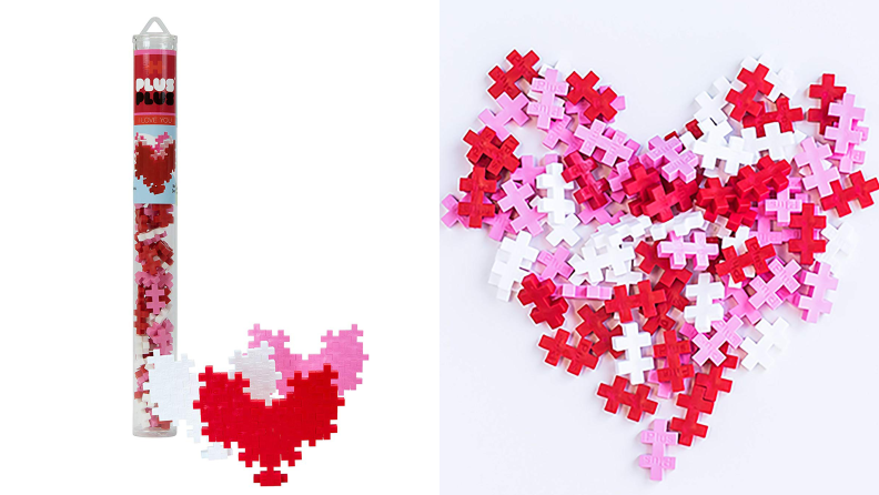 Red, white, and pink puzzle pieces formed into a heart