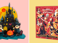 A Mickey and Minnie Mouse Halloween countdown calendar and a Nightmare Before Christmas advent calendar on a pink and yellow background.