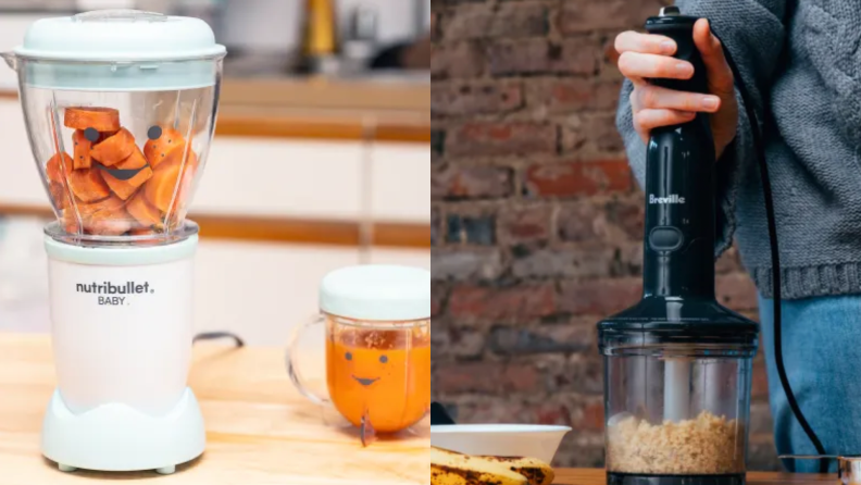 A baby food blender and an immersion blender.