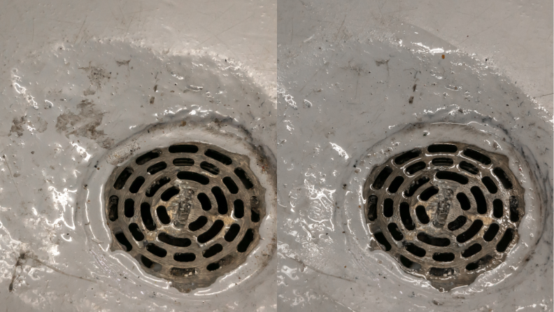 On the left, a floor drain with dirt splotches around it. On the right, a floor drain that has been cleaned with the Bissell Steam Shot Deluxe with the splotches gone.