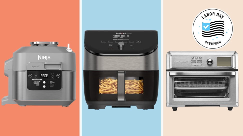 Ninja Speedi, Instant Vortex air fryer, and Cuisinart air fryer toaster oven on colorful background