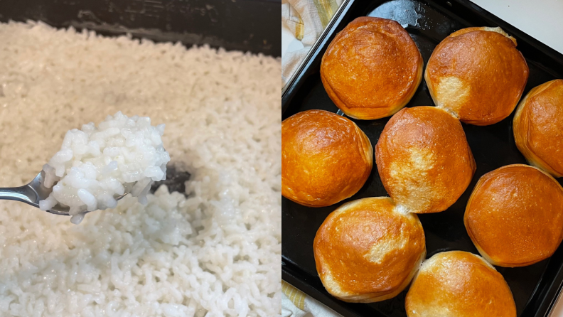 A collage of white rice and baked biscuits that have been cooked using of the Ninja Combi Multicooker.