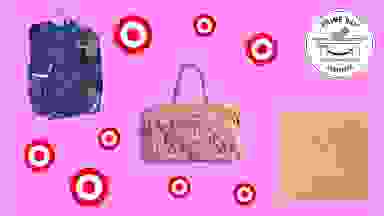 Bags and a pillow with Target logos in front of a pink background