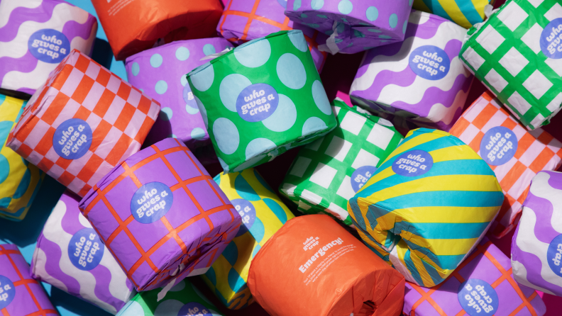 colorful toilet paper rolls in a pile