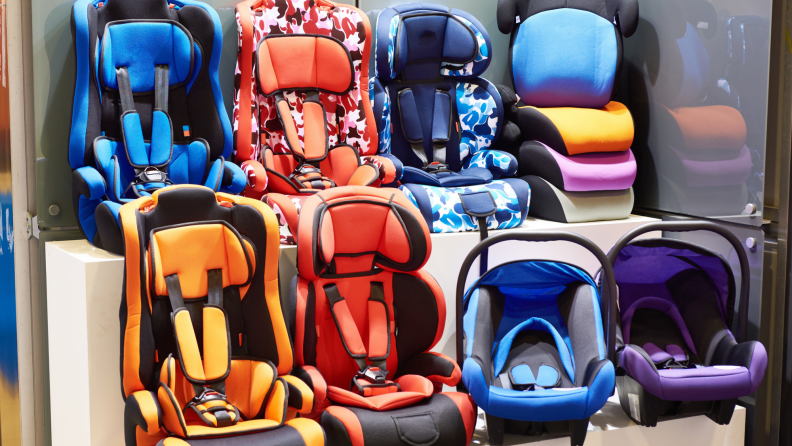 A lineup of car seats