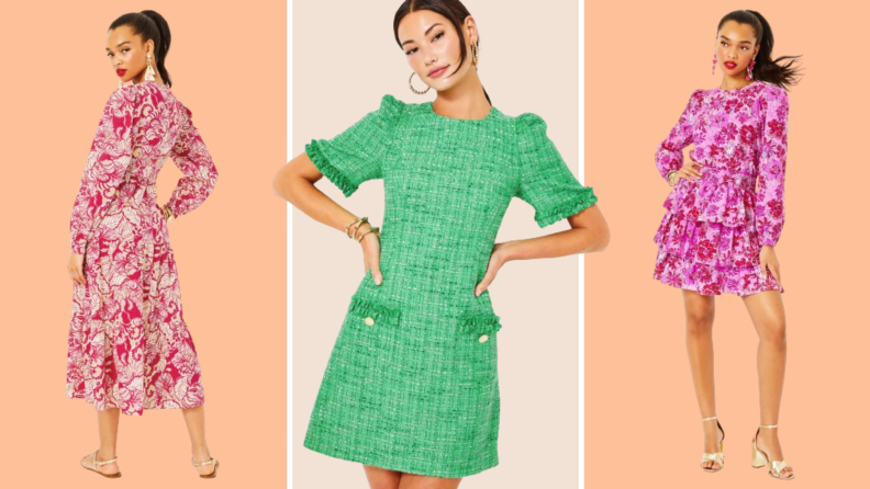 Collage image of three models. One wears a pink midi dress, one wears a green boucle tweed mini dress, and the next wears a printed pink mini dress.