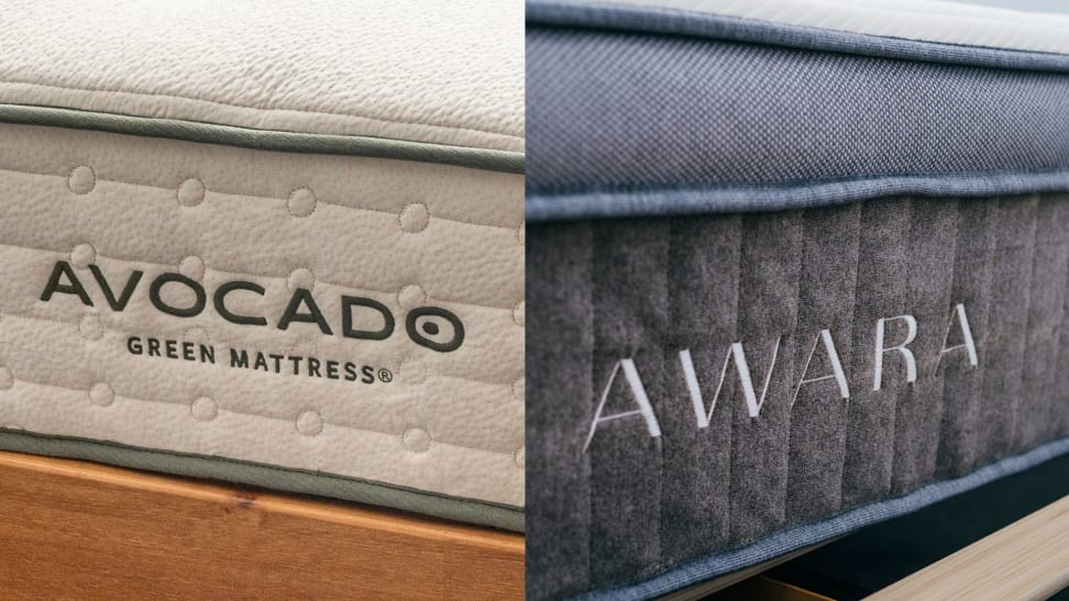 The embroidered logo and name on the Avocado Green Mattress next to the Awara mattress logo