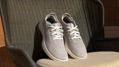 grey sneakers on patio chair