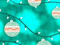 An artistic rendition of Christmas lights and baubles over a textured teal background.