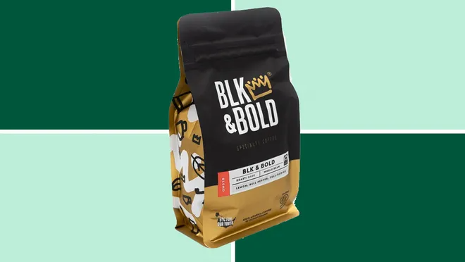 BLK&Bold Coffee on a dark and light green background.
