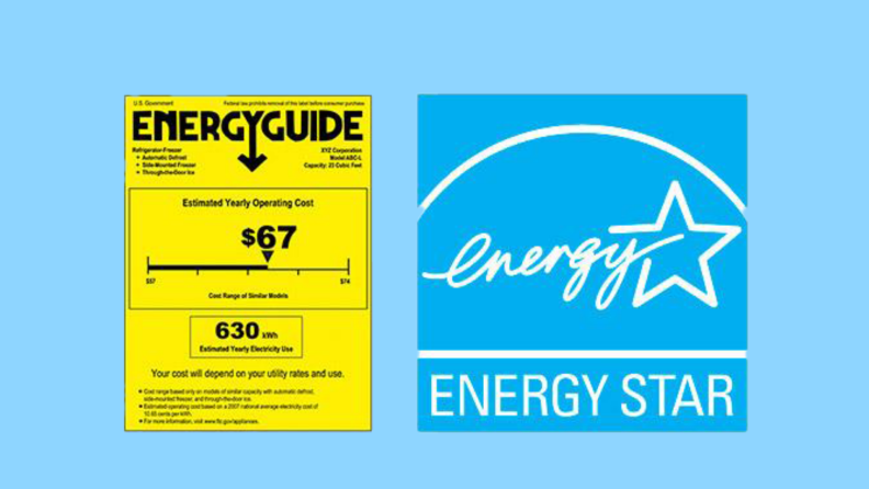 A bright yellow rectangular Energy Guide logo sits next to a bright blue Energy Star logo, on a blue background