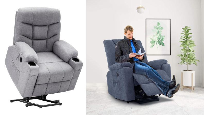On left, grey CDCASA chair on a white background. On right, a man sits in a blue CDCASA chair while reading a book.