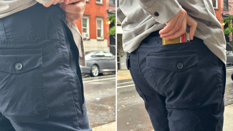 Close-up shots of details on the Roark Layover 2.0 Pants, showing the zipper pocket and the hidden back pocket.