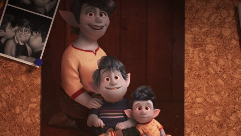 An image of photos of the main characters of the film Onward on a cartoon cork board.