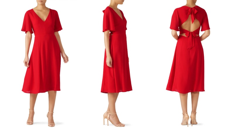 With a simple silhouette and bold red color, these dresses will complement your wedding gown.