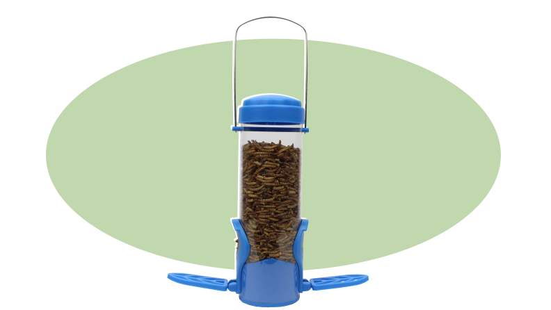 Product shot of the Perky-Pet Blue Dried Mealworm Wild Bird Feeder with Flexports.