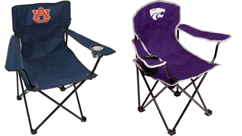 Two gameday chairs - one adorned with an Auburn logo and another that is purple