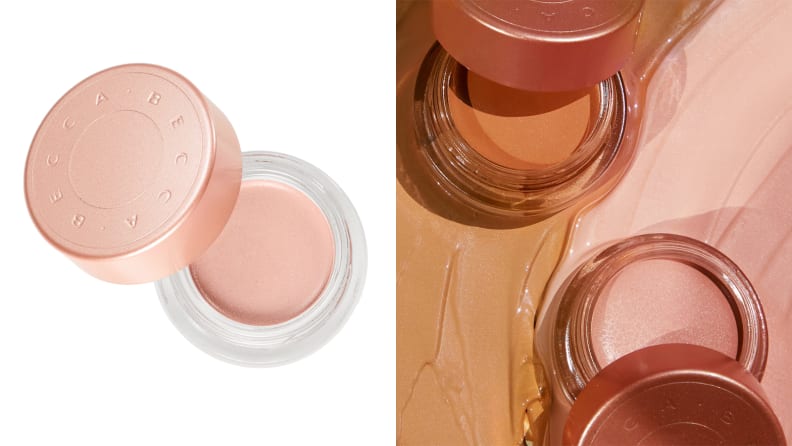 On the left: On a white background sits the Becca Cosmetics Under Eye Brightening Corrector. The bottom of the jar is clear and the rose gold top is off to the side to reveal a light peach-toned concealer inside. On the right: The Becca Cosmetics Under Eye Brightening Corrector in a darker color sits with its cap off on a swatch of the dark concealer. To the right is the lighter, peach colored Becca Cosmetics Under Eye Brightening Corrector on top of a light pink swatch of concealer.