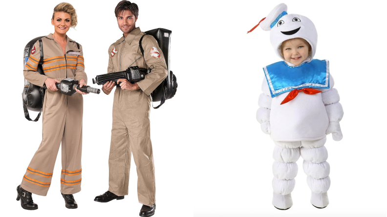 A man and a woman in Ghostbuster costumes. A small, smiling child as the Stay-Puft Marshmallow Man.