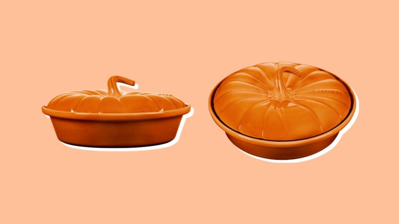 Orange pumpkin-shaped pie dish from Le Creuset