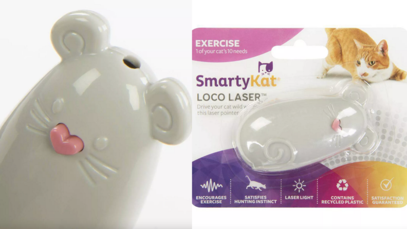 On left, Smartykat Loco Laser pointer. On right, Smartykat Loco Laser pointer packaging.